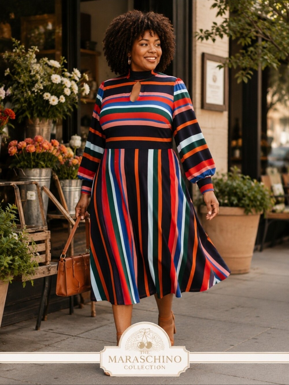 ELOQUII Colorful Stripe Puff Sleeve Dopamine Dress | 18